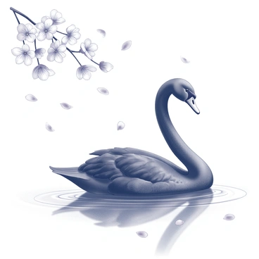 A black swan surrounded by cherry blossoms falling onto a serene lake surface