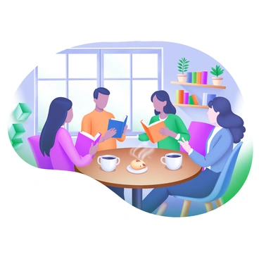 A book club meeting at a cozy cafe sharing thoughts about a novel