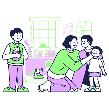 A child is standing to the side with a look of envy while observing their sibling being praised by a parent. The sibling, who is slightly taller, is grinning and receiving a warm hug. The parent, kneeling down, has an affectionate expression, looking directly at the sibling. The child, with a frown, is clutching a toy in their hands and glancing at the scene with longing. In the background, there is a colorful playroom filled with various toys scattered on the floor and drawings taped to the walls. A window lets in soft light, illuminating the scene.