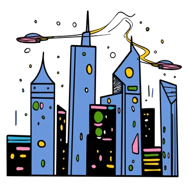 A sleek futuristic city skyline featuring tall skyscrapers with glass facades reflecting vibrant colors. Flying cars zoom between the buildings, leaving trails of light behind them. The skyline is illuminated by numerous neon lights in various shades of blue, pink, and green, casting a bright glow across the scene. The architecture includes unique shapes and designs, blending technology and aesthetics. The cityscape is bustling with activity, creating a dynamic atmosphere.
