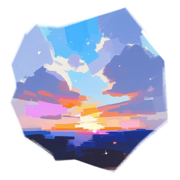 A sky scene featuring a vibrant transition from "bright blue" at the top, with fluffy "white clouds" scattered throughout. As the viewer gazes downward, the blue gradually deepens into shades of "indigo" and "navy," leading to a "starry night" below. Twinkling "stars" emerge against the darkening sky, casting a soft glow. The last remnants of daylight can be seen along the horizon, blending seamlessly into the night sky.