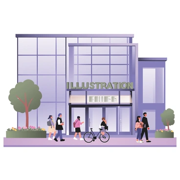 A digital flat illustration depicting the exterior of a renowned UK illustration agency characterized by modern architectural design. The building features a sleek glass facade with large, rectangular windows reflecting the surrounding environment. The entrance is framed by metallic accents and is adorned with a stylish sign displaying the agency's name in bold letters. Surrounding the building are well-maintained gardens with colorful flowers and neatly trimmed shrubs. People are walking by, some pausing to admire the architecture, while a bicycle is parked near the entrance. The sky is clear, providing a bright backdrop to the vibrant scene.