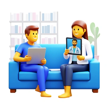 A patient sitting on a sofa holding a tablet. The tablet displays a doctor in a video call, who is wearing a white coat and offering consultation. The patient appears attentive and engaged, with a notepad beside them. The room is well-lit, featuring a bookshelf and a houseplant in the background. The doctor is looking directly at the patient with a friendly expression.