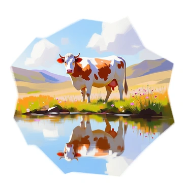 A cow with a brown and white coat is standing beside a calm lake. The surface of the water is smooth, creating a perfect mirror effect that reflects the cow's image. Surrounding the lake, there are lush green grasses and a few wildflowers peeking through. In the background, there are gentle hills, adding depth to the scene, while the sky above is clear with a few fluffy white clouds. The overall composition captures the tranquility of the moment, highlighting the cow and its reflection in the serene setting.