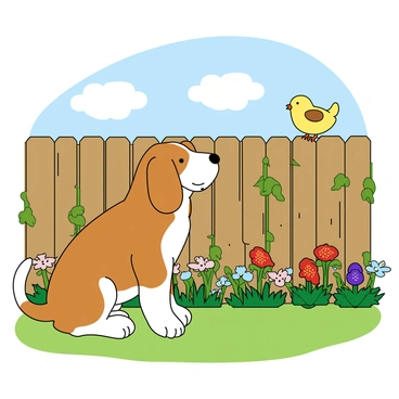 A playful beagle with brown and white fur is sitting on a patch of green grass in a sunny garden. The beagle has large, floppy ears and an attentive expression as it watches a tiny yellow bird with a round body perched on a wooden garden fence. The fence is slightly weathered with a few splinters and has green vines creeping up the sides. Surrounding the fence are colorful flowers in shades of red, blue, and purple, adding vibrancy to the scene. The sky above is clear with a few fluffy white clouds.