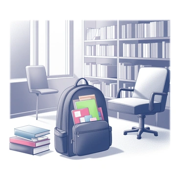 A school bag sits on the floor in a quiet corner of a library. Next to it, there is a neatly stacked pile of books, some with hardcovers and others with softcovers. The bag is slightly open, revealing a glimpse of colorful notebooks and stationery inside. The surrounding area features wooden bookshelves filled with various titles, and a single, cozy armchair is positioned nearby, inviting readers to sit and enjoy a book. Soft light filters in through a nearby window, creating a calm atmosphere.
