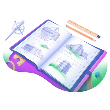 A modern pastel illustration of an architect's portfolio lying open on a wooden desk. The portfolio contains several detailed technical drawings of buildings and architectural designs, showcasing various angles and perspectives of structures. Each drawing features precise lines, measurements, and annotations, highlighting the intricate details of the designs. Surrounding the portfolio are drafting tools including a compass, a ruler, and a pencil, adding to the architectural theme of the scene. In the background, a soft light illuminates the workspace, emphasizing the creative environment.