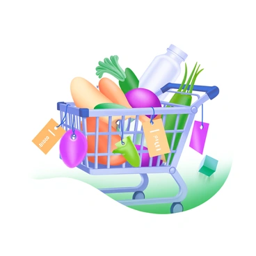 A modern pastel illustration of a shopping cart filled with various products, including fruits, vegetables, and household items. Each product has a distinctive price tag hanging off, showcasing different colors and prices. The shopping cart is positioned slightly to the right, with the handle visible and some items overflowing from the top. The background is simple, emphasizing the vibrant colors of the cart and the products.