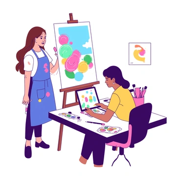 An artist with long brown hair is standing beside a large canvas, which showcases a vibrant display of colors in their painting. The artist is wearing a blue apron splattered with various paint colors and is focused on adding details with a brush. Next to the artist, a person with short black hair is seated at a modern desk, intently working on a sleek tablet. The tablet is illuminated, and digital strokes are visibly taking shape on the screen. Various art tools, including brushes and a color palette, are scattered around the artist's workspace. There is a warm light illuminating the scene, enhancing the creative atmosphere.