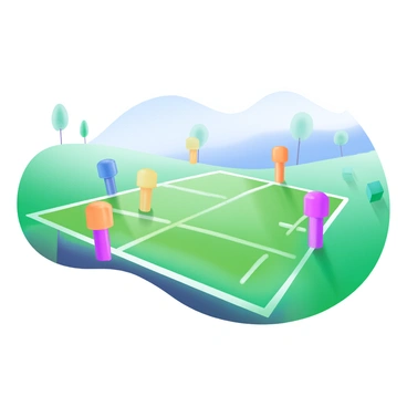 A wide view of a grassy field with multiple colorful survey markers scattered throughout. Each marker is a bright color, such as orange, pink, yellow, and blue, standing upright in the ground. In the background, there are distant trees and a clear blue sky. The ground has faint lines drawn in white chalk, outlining the future building foundation layout, creating a grid pattern that intersects with the markers. Sunlight casts soft shadows on the ground, highlighting the markers and the chalk lines.