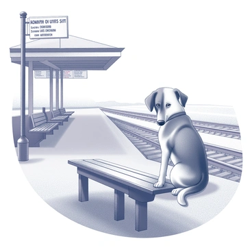 A sad dog sitting at an empty train station, waiting for someone