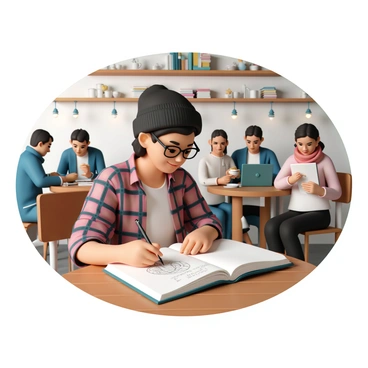 An illustrator sketching in a coffee shop, surrounded by patrons enjoying their drinks