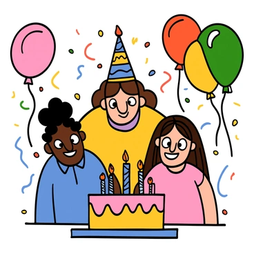 A woman with light skin and big eyes is joyfully celebrating her birthday, wearing a colorful party dress with a birthday hat. She is smiling and standing in front of a large, decorated cake with lit candles. Surrounding her are friends with big eyes, one with dark skin and curly hair wearing a blue shirt, another with light skin and straight brown hair wearing a pink dress. They are holding brightly colored balloons in various shapes, adding to the festive atmosphere. The background features streamers and confetti, enhancing the celebratory feel of the scene.