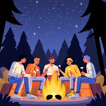 A group of five friends is sitting around a glowing campfire. They are seated on logs and camping chairs, with warm light from the fire illuminating their faces. One friend with glasses is animatedly telling a story, while the others listen intently, smiling and laughing. The night sky above is filled with numerous stars, twinkling brightly against a deep blue backdrop. Tall trees surround the campsite, and the silhouettes of their branches can be seen against the starry sky. A few marshmallows are roasting on sticks held by two of the friends.