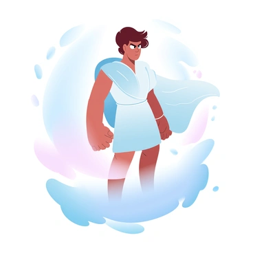 A detailed portrait of "Icarus" is depicted with "intense eyes" and "wind-tousled hair." He is shown wearing a flowing garment that appears to flutter in the wind. The background features a gradient of soft pastel colors representing the sky at dawn. Wisps of clouds can be seen fading into the blue and pink hues of the sky. "Icarus" stands with a determined posture, embodying a sense of ambition and adventure, with an expansive landscape below him.