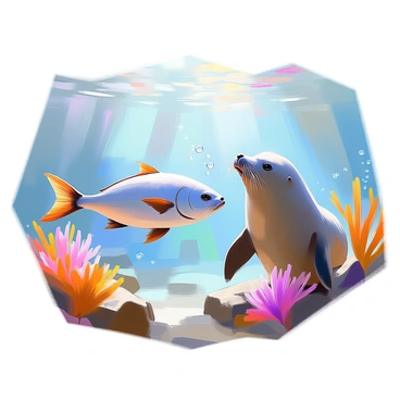 A playful scene unfolds in the ocean depths, featuring a "halibut" gracefully gliding through the water, its smooth, flat body reflecting the dappled sunlight filtering from above. The halibut is skillfully maneuvering, with its fins gently undulating as it dodges an inquisitive "sea lion" that is swimming nearby. The sea lion, with its sleek, streamlined body and soft fur, has a curious expression, its whiskers twitching as it observes the halibut. Around them, the rich underwater environment is dotted with colorful coral formations and swaying kelp, adding depth and vibrancy to the lively interaction between the two marine creatures. Bubbles rise from the sea lion's playful breaths, capturing the essence of this dynamic moment in the ocean.