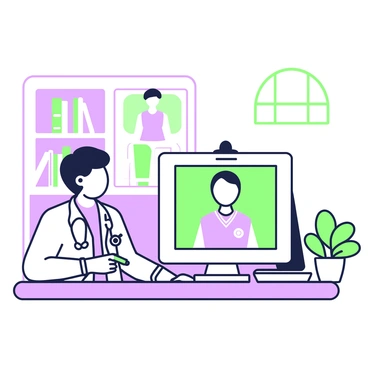 A doctor is sitting at a desk while conducting a virtual consultation with a patient displayed on a computer screen. The doctor is wearing a white coat and has a stethoscope around their neck. They are looking attentively at the screen while taking notes on a notepad with a green pen. The background includes a bookshelf filled with medical books and a potted plant in the corner. The computer screen shows the image of a patient, who appears to be seated in a different location. The room is well-lit, with a window letting in natural light.