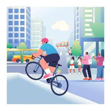 A cyclist with a bright red helmet is pedaling up a steep hill. They are wearing a blue cycling jersey and black shorts, and their bicycle is sleek and modern with thin tires. Surrounding the cyclist, the bustling urban environment features tall buildings with large windows reflecting sunlight. There are pedestrians walking on the sidewalk, some looking at their phones while others are chatting. A few cars are parked along the street, and a green tree is visible on the side of the road. The sky is clear with a few fluffy white clouds. In the distance, a colorful city bus is approaching.