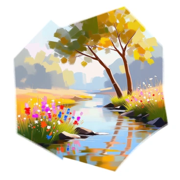 A scenic riverbank stretches along a gentle curve, bordered by bending trees with lush green leaves swaying in a soft breeze. The water of the river reflects the vibrant hues of the landscape, creating a shimmering effect. Along the bank, clusters of vividly colored wildflowers bloom, showcasing a variety of bright reds, yellows, and blues. The flowers are interspersed among the grass, adding to the richness of the scene. Sunlight filters through the branches of the trees, casting dappled shadows on the ground.