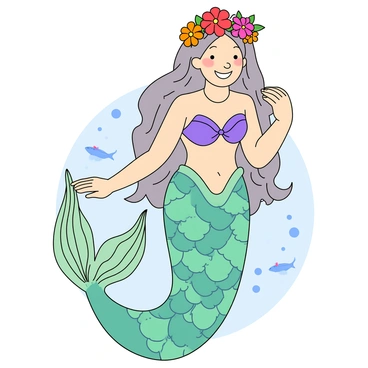 A mermaid with iridescent scales that shimmer in shades of teal and purple. She has long flowing hair adorned with a crown made of bright sea flowers in pink, orange, and yellow hues. The mermaid is smiling widely, showcasing her pearly white teeth. Her tail is gracefully curled, featuring intricate patterns that mimic coral designs. She is posed in an elegant manner, with one hand resting on her hip and the other gently touching the flowers in her hair. The background displays a soft, underwater scene with bubbles and faint outlines of colorful fish swimming nearby.