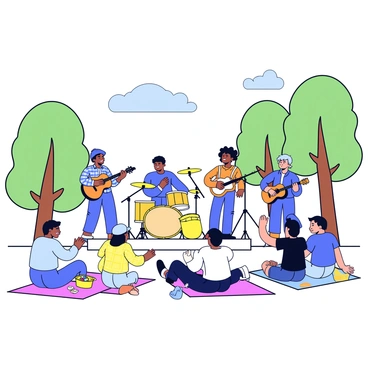 A live band is performing on a small stage in a park. The band consists of four musicians, including a guitarist, a drummer, a bassist, and a vocalist. Each musician is dressed in casual clothing. In front of the stage, people are sitting on colorful blankets spread across the grass. Some are clapping to the rhythm of the music, while others are chatting and enjoying snacks. There are a few trees in the background providing shade, and the sky is clear with a few fluffy clouds.