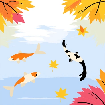 A serene pond with clear water reflecting the sky. Colorful koi fish with orange, white, and black patterns swim gracefully beneath the surface. Brightly colored fallen autumn leaves in shades of red, orange, and yellow float gently on the water. The leaves create a vibrant contrast against the koi fish, adding depth to the scene. Light dapples through the trees, creating a warm and inviting atmosphere.