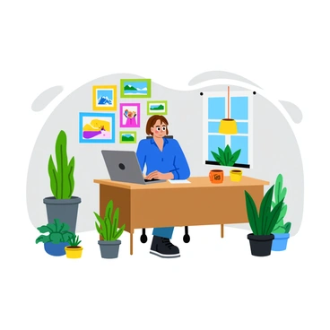 An office worker sitting at a wooden desk, typing on a laptop. The worker has short brown hair and is wearing a blue shirt. Surrounding the desk are several green potted plants of varying sizes, including a tall snake plant and a small succulent. Above the desk, there are colorful framed photos hanging on the wall, depicting various landscapes and family gatherings. A coffee mug with a cheerful design sits next to the laptop on the desk. Natural light streams in from a nearby window, illuminating the workspace.