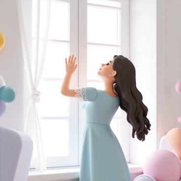 A woman with long, flowing hair that cascades down her shoulders, wearing a light blue dress with delicate lace details. She is gazing dreamily out of a large window with ornate wooden frames. The window is adorned with sheer white curtains that gently billow. Surrounding her are soft pastel colors, including hues of pink and lavender that fill the room, creating a gentle and tranquil atmosphere. The light in the room softly illuminates her face, highlighting her delicate features as she gazes outside.