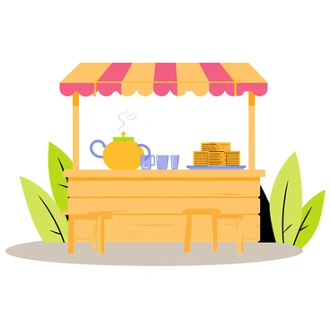 A small roadside tea stall with a wooden structure and a colorful canopy. The stall has a counter displaying a large kettle filled with steaming "chai" and several glass cups set out for serving. Beside the kettle, there is a plate stacked high with "biscuits" of various shapes and sizes. The surrounding area features a few small wooden stools where customers can sit and enjoy their tea. Lush green plants are visible in the background, adding a touch of nature to the scene.