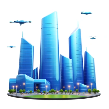 A futuristic cityscape featuring towering glass buildings with sleek, reflective surfaces. The buildings are designed with unique geometries, showcasing a mix of curves and sharp angles. In the sky, multiple flying vehicles zip through the air, displaying different shapes and sizes, some resembling drones while others look like small aircraft. The scene is filled with bright lights illuminating the city, creating a vibrant atmosphere. The ground level includes bustling streets with people and greenery interspersed among the architectural marvels.