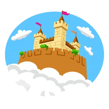 A large, blocky castle with tall towers and thick walls is floating high above fluffy white clouds. The castle features a variety of block textures, including cobblestone and wooden planks, with colorful banners hanging from the towers. Surrounding the castle are pixelated clouds, creating a whimsical and game-like atmosphere. Bright blue skies stretch out in the background, accentuating the castle's impressive height and structure.
