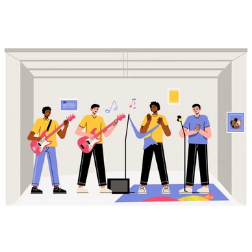 A garage with gray walls and cluttered shelves. Inside, a group of four friends is jamming together. One friend is playing a red bass guitar, while another has a blue bass guitar. The third friend is singing into a microphone on a stand, and the fourth is clapping to the rhythm. There are musical notes floating in the air around them, and a small amplifier is placed beside them. A few posters of famous bands hang on the walls, and a colorful rug covers part of the concrete floor.