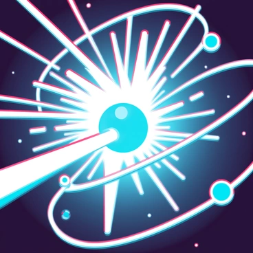 A vivid burst of energy, depicted as bright, radiant waves of light, is striking a small, spherical electron. The electron is shown at the edge of its atomic orbit, with a trail of glowing particles illustrating its movement as it prepares to leave the orbit. The surrounding atomic structure consists of orbiting paths and additional particles that reflect the dynamic interaction between energy and matter.