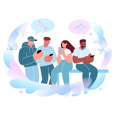 A group of four teenagers is standing closely together, each one focused on their smartphone screens. The first teenager, wearing a baseball cap and a hoodie, is tapping on their phone while slightly leaning against a wall. The second teenager, with bright colored hair, is holding their phone up in front of them, seemingly taking a selfie. The third teenager, dressed in casual jeans and a t-shirt, is sitting on a bench, engrossed in scrolling through their phone. The fourth teenager, with headphones around their neck, is laughing at something on their phone. Surrounding them, various people are engaged in real-world activities, such as walking dogs, chatting, and riding bikes, but the teenagers remain oblivious to the interactions happening around them.