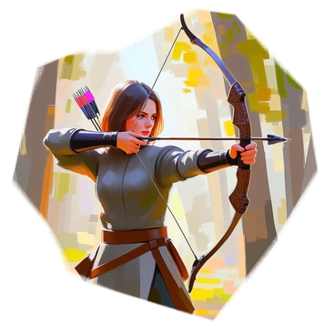 An archer with medium-length brown hair is standing in a focused stance, with their bow fully drawn and an arrow nocked, ready to be released. They are wearing a fitted dark green tunic and leather bracers on their forearms. The archer's expression is determined, with eyes fixed on a distant target. The bow is intricately designed, with carved details visible along its length. The background features a dense forest with tall trees, dappled sunlight filtering through the leaves, creating a natural setting for the archer's poised moment.