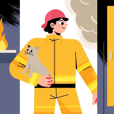 A firefighter wearing a bright red helmet and a yellow fire jacket is emerging from a smoky building. The firefighter has a determined expression on their face as they hold a small, fluffy gray kitten in one hand. The kitten looks wide-eyed and safe, nestled against the firefighter's chest. The background shows dark smoke swirling around, with flames flickering in the distance. The sunlight breaks through the smoke, casting a warm glow on the scene.