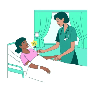 A doctor patting a patient's hand with compassion in a hospital room.