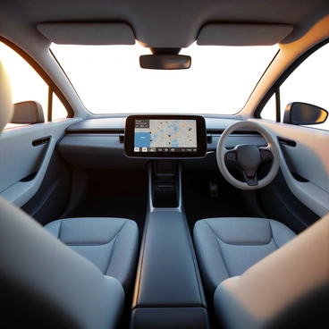 The interior of a self-driving car featuring a sleek cabin design with comfortable, contoured seats in a pale gray fabric. The dashboard is streamlined and modern, equipped with an interactive touchscreen display that shows navigation maps and vehicle status. The steering wheel is partially visible, suggesting a futuristic design with minimal buttons. Soft ambient lighting illuminates the cabin in warm tones, and there are large windows providing a clear view of the outside environment.
