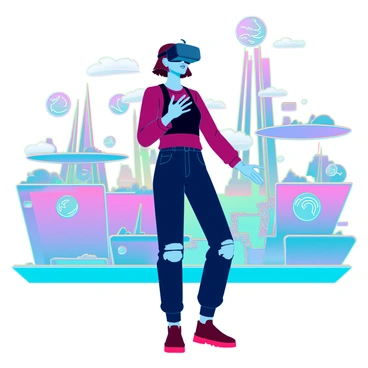 A person with short brown hair and wearing a sleek black virtual reality headset is fully immersed in a virtual reality game. They are standing in a dynamic pose, hands extended as if interacting with the digital environment. Surrounding them are colorful digital landscapes filled with vibrant geometric shapes, swirling patterns, and fantastical creatures. The background displays a bright, multi-hued skyline with floating islands and neon lights, creating a sense of depth and excitement in the scene. The person's expression is one of concentration and thrill as they engage with the immersive experience.