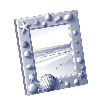 A rectangular picture frame adorned with an assortment of seashells, including starfish and various types of shell patterns. The frame is set on a smooth surface, and within it, there is a beach photo depicting a coastline with gentle waves lapping at the shore. The sand in the photo is detailed, showcasing small pebbles and footprints leading towards the water. The overall composition highlights the combination of the seashell decoration around the frame and the vibrant scene captured in the beach photo.
