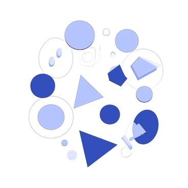 An arrangement of various geometric shapes is displayed. There are multiple circles, triangles, and squares positioned in an intricate pattern. The shapes are varied in size and orientation, with some overlapping others. The arrangement creates a dynamic visual interest through the interplay of the shapes. Each geometric figure is clearly defined, showcasing sharp edges and symmetrical lines. The circles are evenly spaced among the triangles and squares, contributing to a balanced composition.
