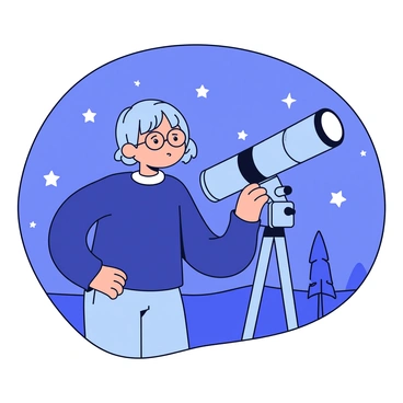 An astronomer with round glasses is standing beside a tall, sturdy telescope. The telescope is pointed towards the night sky, revealing a canvas of sparkling stars. The astronomer is wearing a dark blue sweater and has short hair. They are focused on the telescope, with one hand gently adjusting its position. In the background, there are a few trees silhouetted against the starry night. The scene conveys a sense of curiosity and exploration.
