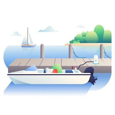 A boat docked at a marina using induction charging from the pier