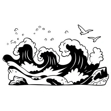 A series of majestic ocean waves crashing against a rocky shore. The waves are depicted with dynamic curves and intricate details, creating a sense of movement and power. The foam from the waves is splashing upwards, forming patterns in the air. The rugged coastline features jagged rocks, with some partially submerged by the water. Seagulls are seen gliding above the waves, adding to the scene's liveliness.