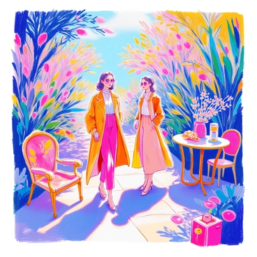 A fashion scene showcases models wearing Dior's latest collection. The models are posed amidst a picturesque outdoor setting with lush greenery and blooming flowers in vibrant colors. Each model is styled with elegant accessories that complement the outfits. Sunlight filters through the leaves, creating dappled shadows on the ground. There are elegantly designed chairs and tables set up nearby, adorned with floral arrangements and decorative items that reflect the seasonal theme. The atmosphere captures a sense of luxury and sophistication.