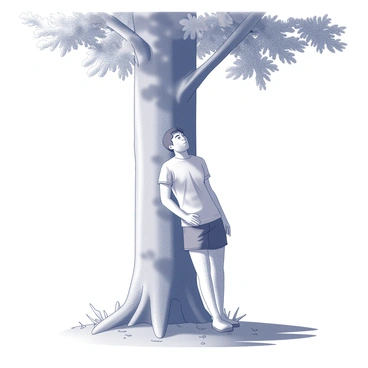 A person is leaning against a tall tree, their back resting against the rough bark. The individual is dressed in a simple shirt and shorts, with sweat glistening on their forehead. Their chest rises and falls rapidly, indicating heavy breathing after a short walk. Surrounding the tree is a carpet of grass and scattered leaves, with dappled sunlight filtering through the branches above, creating a play of light and shadow on the ground. The person's gaze is directed downward, contemplating the moment of rest.