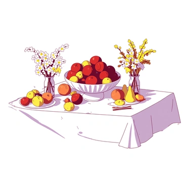 A white dining table is set with an abundance of seasonal fruits including red apples, yellow pears, and orange citrus, arranged artfully in a decorative bowl at the center. Surrounding the fruit, there are various white and yellow flowers in small vases. The table is covered with a simple white tablecloth. The sunlight gently illuminates the scene, casting soft shadows of the flowers and fruits on the table surface. Each element brings a vibrant touch of the current season, creating a lively and inviting atmosphere.