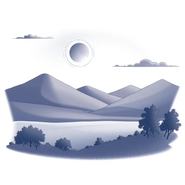 A landscape featuring rolling hills and a vast, open field under a full moon. The moonlight creates distinct shadows across the terrain, highlighting the contours of the hills and the texture of the ground. Silhouetted trees stand in the foreground, their branches reaching towards the sky. The moon is large and bright, dominating the night scene, while a few scattered clouds drift across the sky, partially obscuring the moonlight.