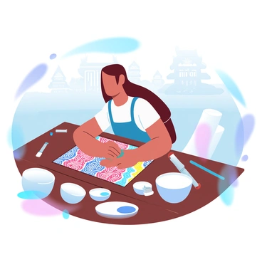 An artisan is sitting at a wooden table, carefully applying wax to a vibrant batik fabric that features intricate patterns. The fabric displays a mix of bright colors, such as red, blue, and yellow, creating an eye-catching design. Surrounding the artisan are various tools used in the batik-making process, including brushes and bowls of dye. In the background, there are rolls of fabric and a traditional Balinese setting, showcasing the cultural context of the art form.