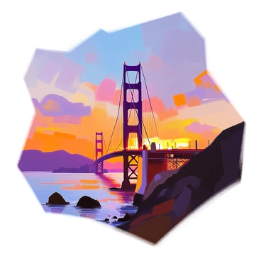 The image features the silhouette of the "Golden Gate Bridge" standing prominently against a vibrant sky during dusk. The sky is filled with a gradient of colors, transitioning from deep oranges and purples at the horizon to darker blues higher up. The intricate details of the bridge's towers and suspension cables are outlined against this colorful backdrop. Wispy clouds catch hints of the sunset colors, adding depth and texture to the scene.